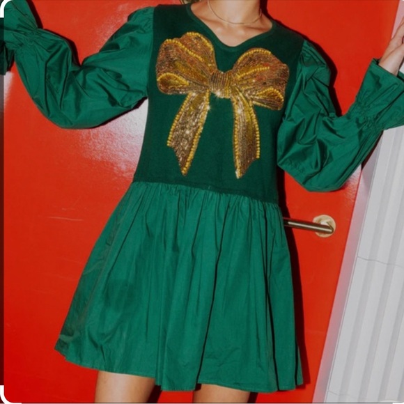QUEEN OF SPARKLES Dresses & Skirts - Queen of Sparkles Green Dress with Gold Sequin Bow- RARE!